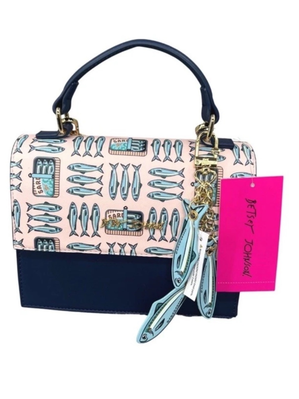 Betsey Johnson Sardine Fish Print Novelty Top Handle Crossbody Bag Navy Pink NWT